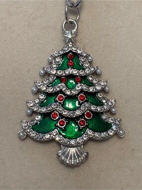 Silver-Tone Christmas Tree Keychain with Green Enamel & Red Accents